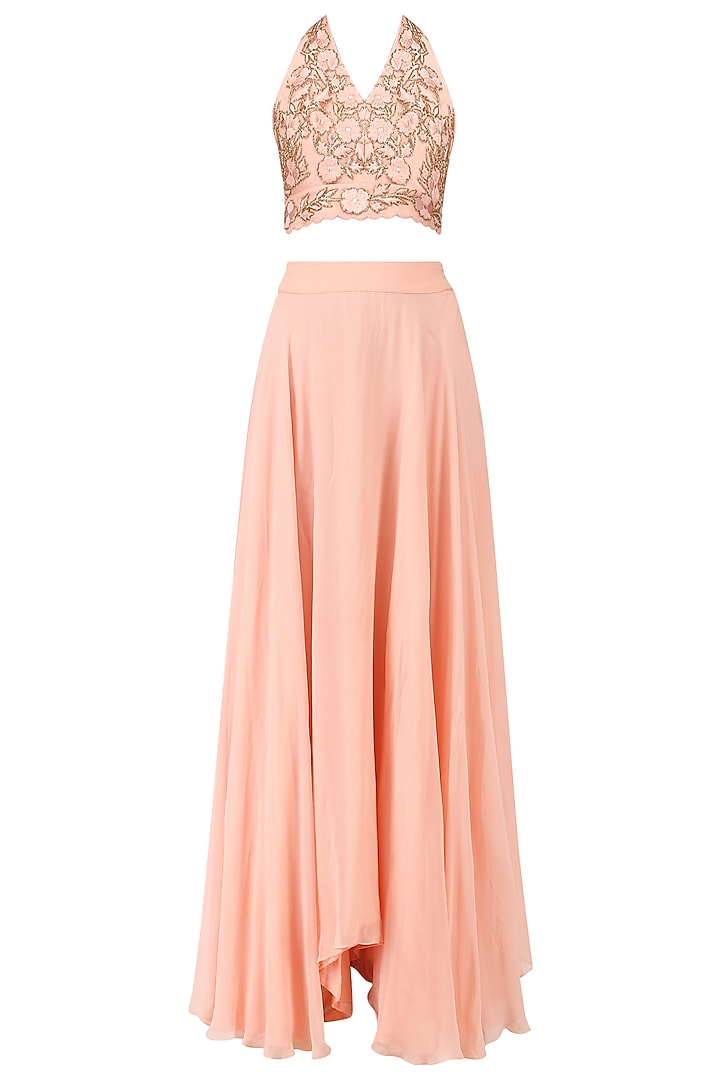 Pink zardozi embroidered tasseled crop top with cape and skirt set available only at Pernia's Pop Up Shop.