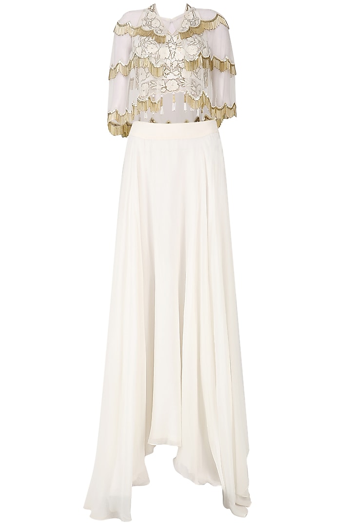 White Zardozi Embroidered Tasseled Crop Top with Cape and Skirt Set by Ank By Amrit Kaur