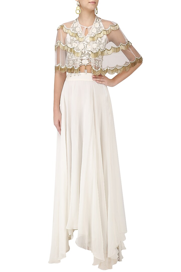 White zardozi embroidered tasseled crop top with cape and skirt set available only at Pernia's Pop Up Shop.