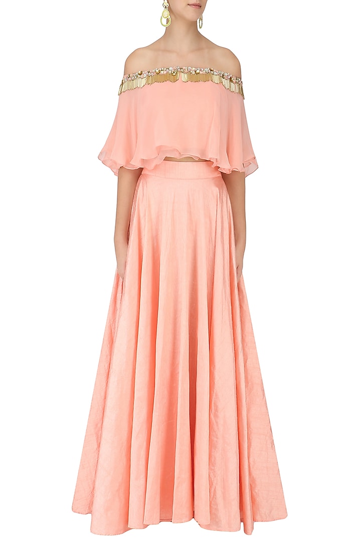 Pink off shoulder embroidered flared crop top and skirt set available only at Pernia's Pop Up Shop.