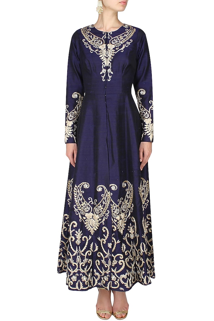 Navy blue zardozi and gota embroidered anarkali kurta and straight pants set available only at Pernia's Pop Up Shop.