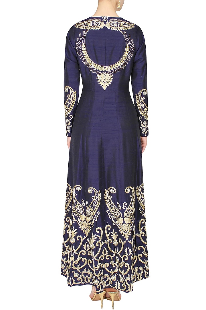 Navy blue zardozi and gota embroidered anarkali kurta and straight pants set available only at Pernia's Pop Up Shop.