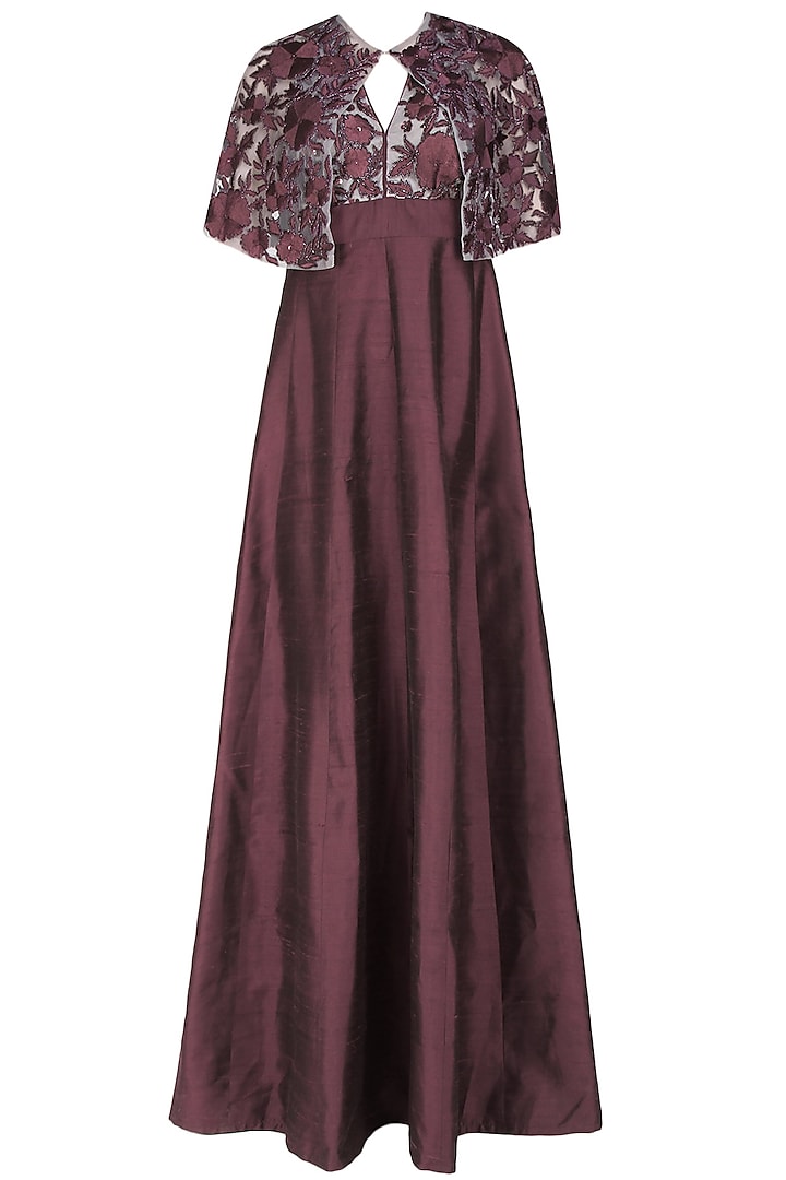 Wine Halter Neck Gown  and Floral Embroidered Sheer Cape Set by Ank By Amrit Kaur