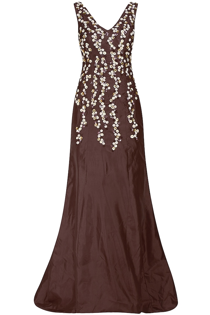 Marsala Red Floral Embroidered Gown by Ank By Amrit Kaur