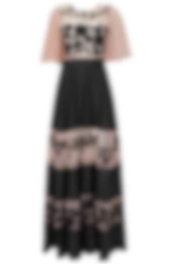 Black flowers and birds embroidered lehnega and blush blouse set available only at Pernia's Pop Up Shop.