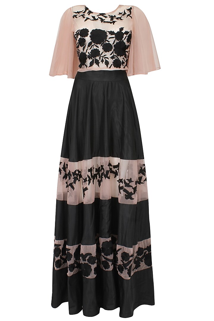 Black flowers and birds embroidered lehnega and blush blouse set available only at Pernia's Pop Up Shop.