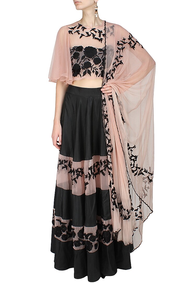 Black flowers and birds embroidered lehnega and blush blouse set available only at Pernia's Pop Up Shop.