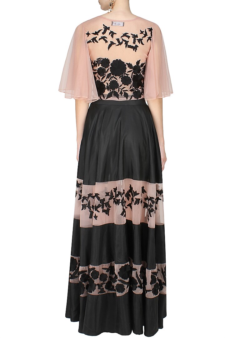 Black flowers and birds embroidered lehnega and blush blouse set available only at Pernia's Pop Up Shop.