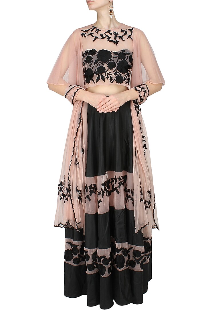 Black flowers and birds embroidered lehnega and blush blouse set available only at Pernia's Pop Up Shop.