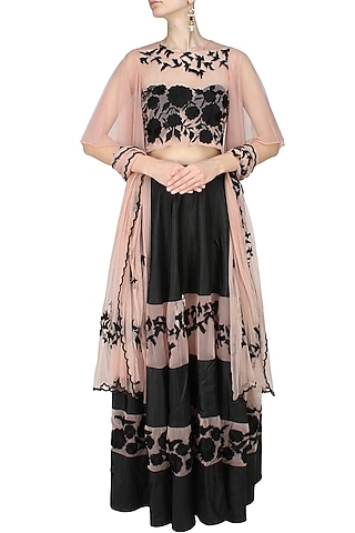 Black Flowers  and Birds Embroidered Lehnega  and Blush Blouse Set by Ank By Amrit Kaur