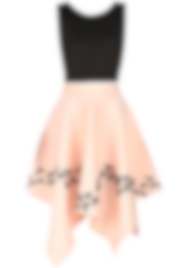 Pink and black embroidered bird motifs dlared skirt and top set available only at Pernia's Pop Up Shop.