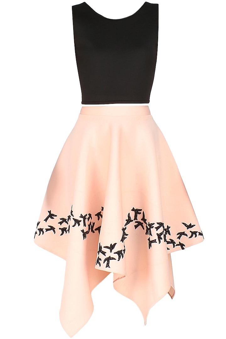 Pink and black embroidered bird motifs dlared skirt and top set available only at Pernia's Pop Up Shop.