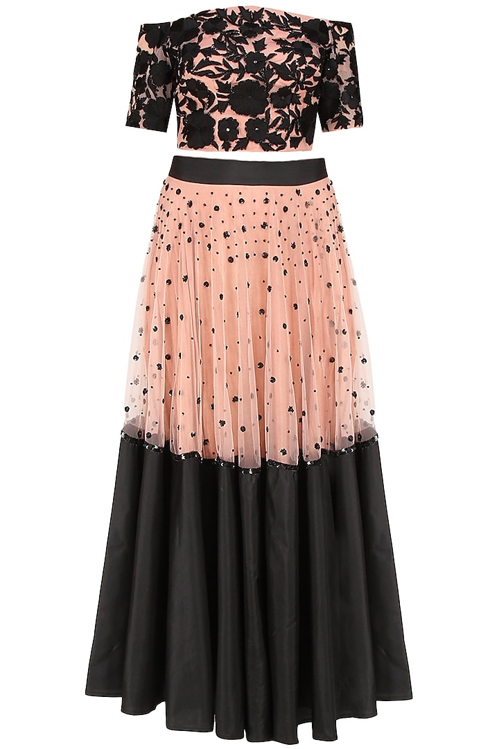 Black  and Peach Floral Embroidered Lehenga  and Dusty Rose Off Shoulder Set by Ank By Amrit Kaur