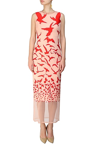 Peach Embroidered Bird Motifs Long Dress by Ank By Amrit Kaur