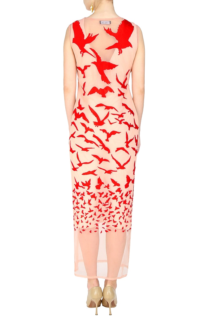 Peach embroidered bird motifs long dress available only at Pernia's Pop Up Shop.
