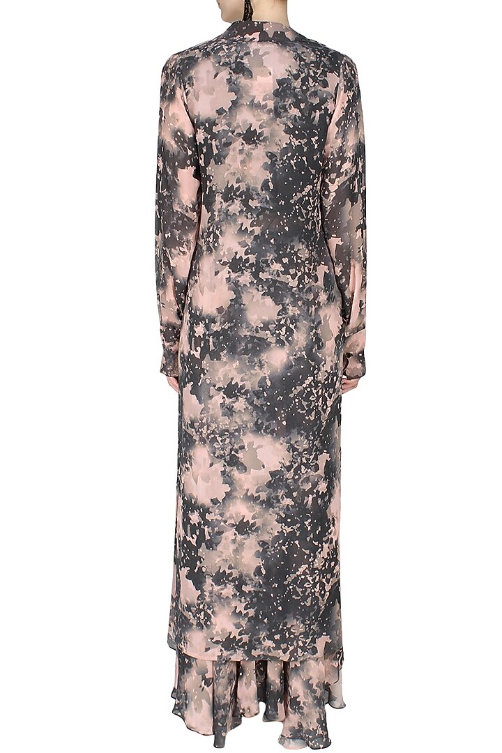 Peach shadow printed geo shirt with palazzo panst and zardozi embroidered top available only at Pernia's Pop Up Shop.