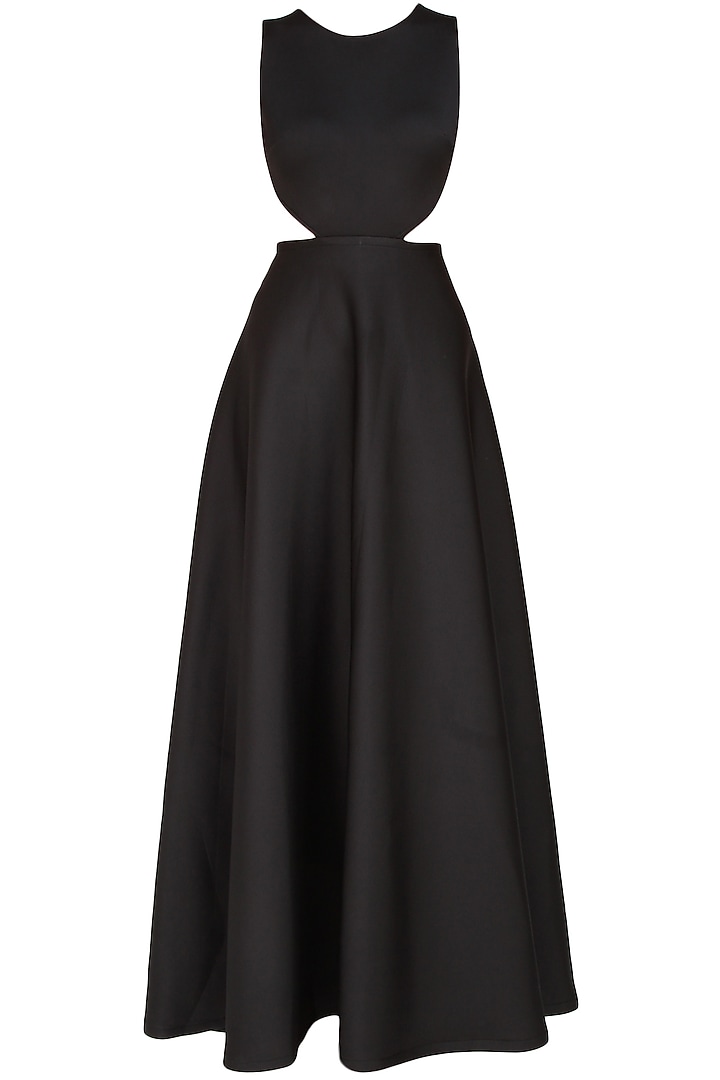 Black pleated cutout gown and floral embroidered cape set available only at Pernia's Pop Up Shop.