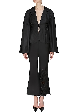 Black Floral Sequins  and Cutdana Embroidered Coat  and Flared Pants Set by Ank By Amrit Kaur