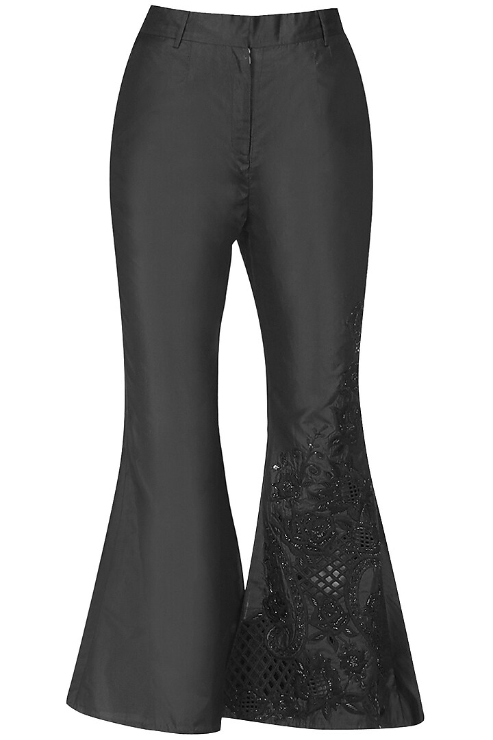 Black floral sequins and cutdana embroidered coat and flared pants set available only at Pernia's Pop Up Shop.