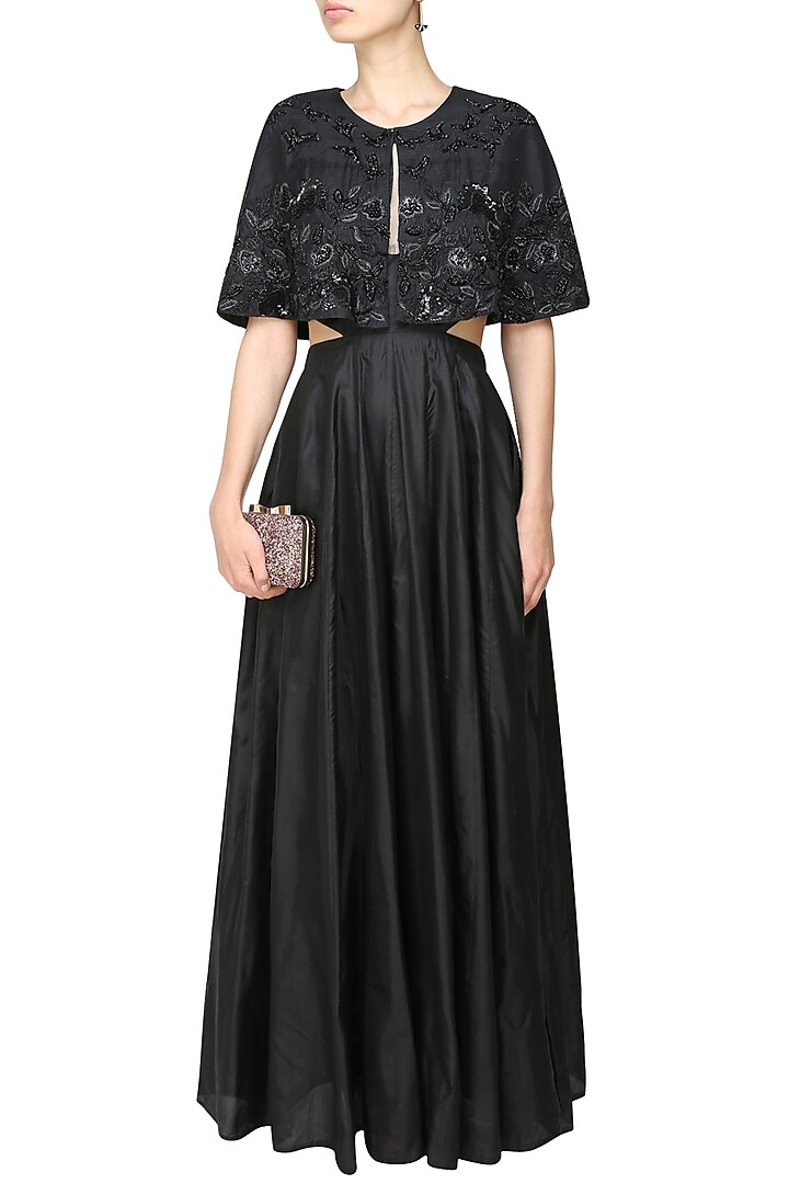 Ank by Amrit Kaur presents Black embroidered cape and dress available only at Pernia's Pop Up Shop.