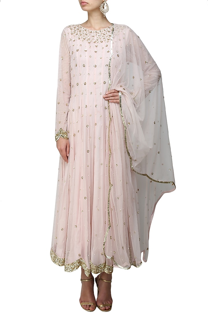 Ank by Amrit Kaur presents Pink pearls and sequins embroidered anarkali set available only at Pernia's Pop Up Shop.