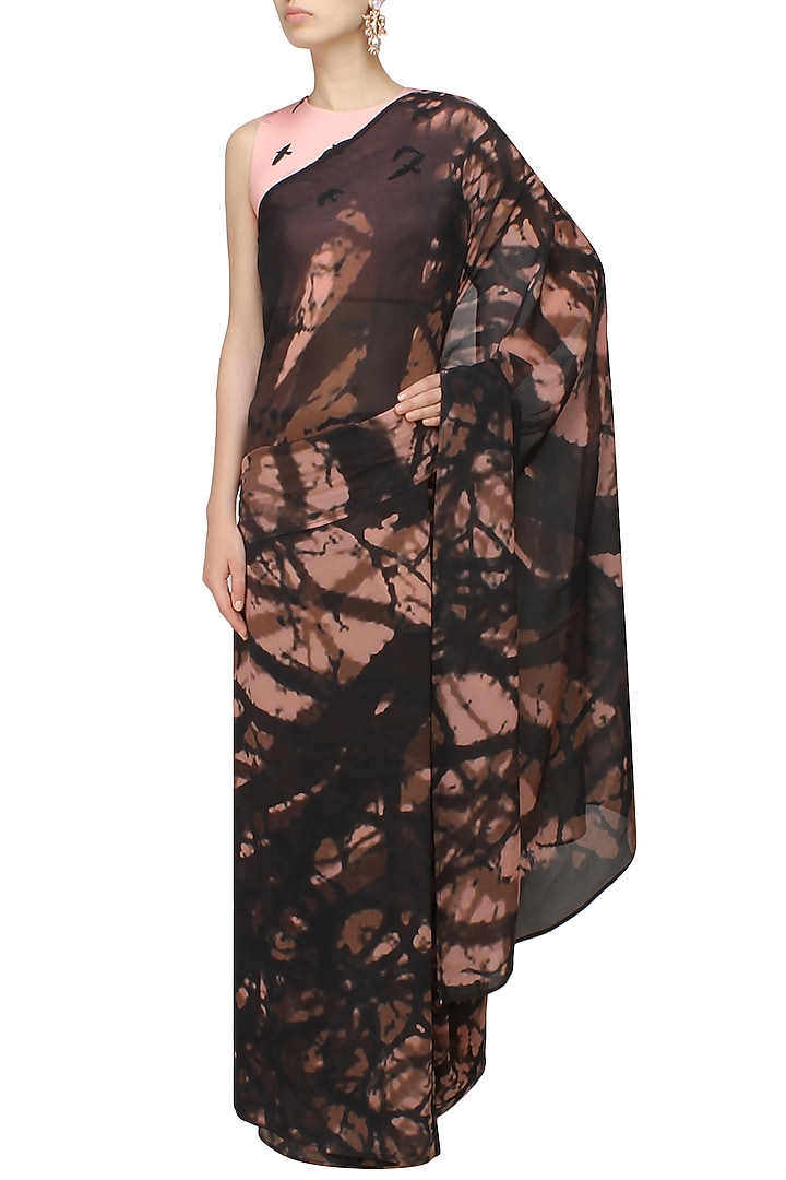 Ank by Amrit Kaur presents Black and peach tree shadow print saree with bird print blouse available only at Pernia's Pop Up Shop.