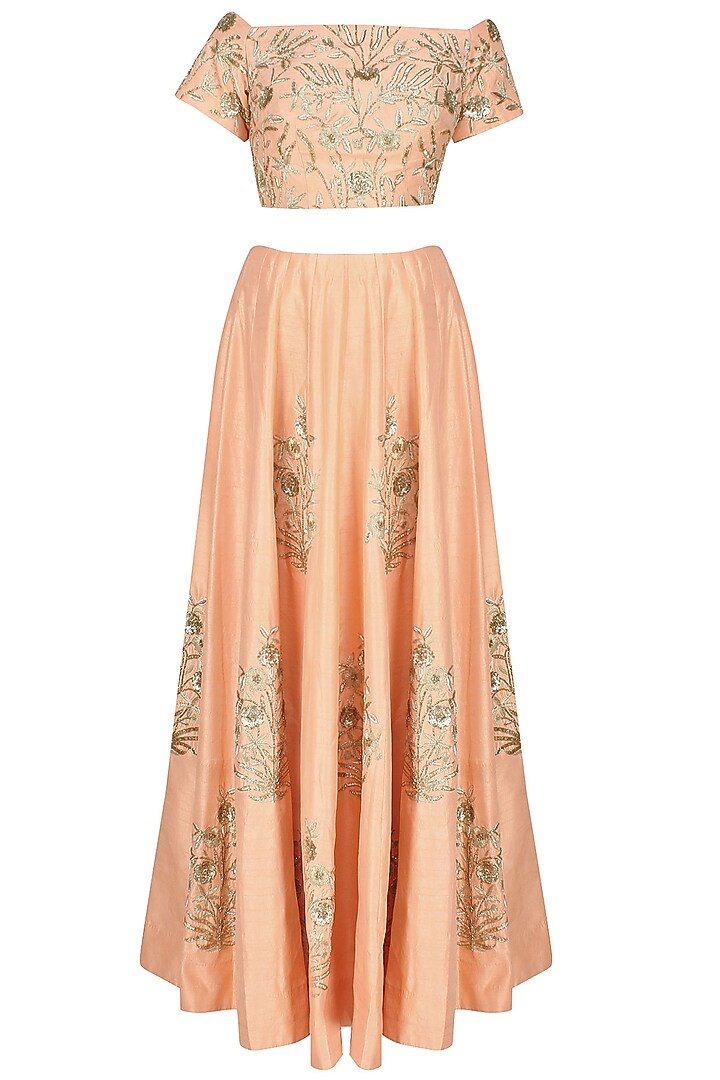 Ank by Amrit Kaur presents Peach embroidered lehenga set available only at Pernia's Pop Up Shop.