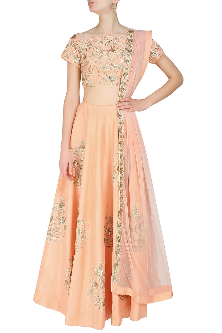 Ank by Amrit Kaur presents Peach embroidered lehenga set available only at Pernia's Pop Up Shop.
