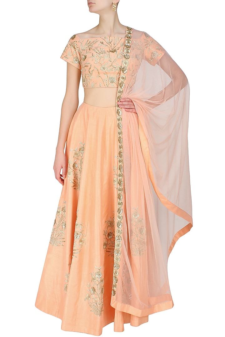 Ank by Amrit Kaur presents Peach embroidered lehenga set available only at Pernia's Pop Up Shop.