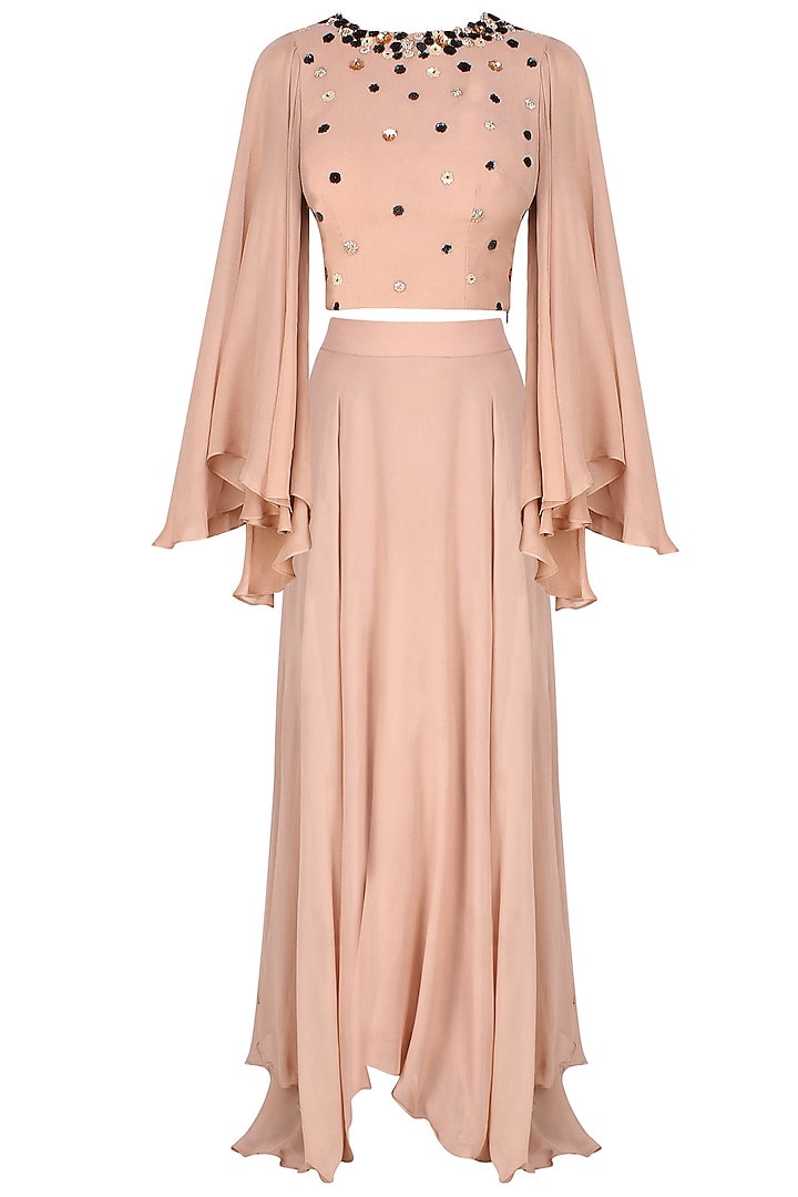 Ank by Amrit Kaur presents Peach blush winged sleeves blouse and lehenga set available only at Pernia's Pop Up Shop.