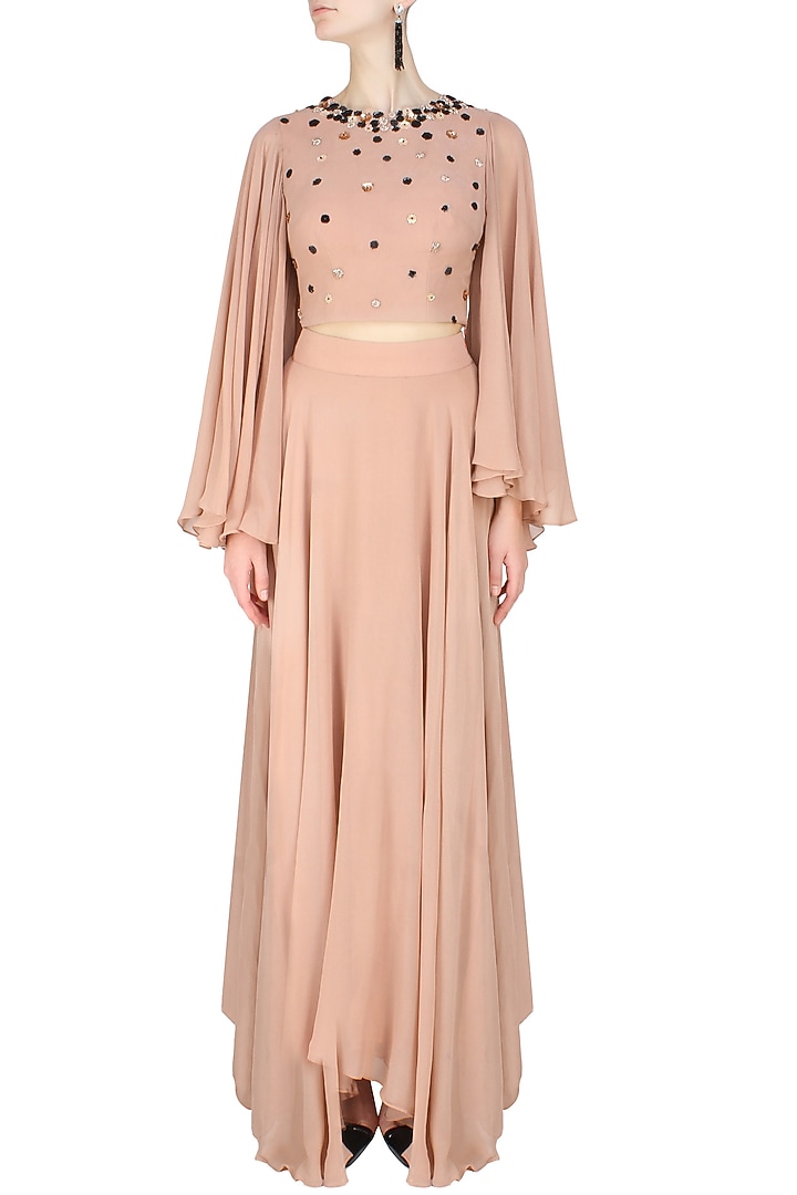 Ank by Amrit Kaur presents Peach blush winged sleeves blouse and lehenga set available only at Pernia's Pop Up Shop.