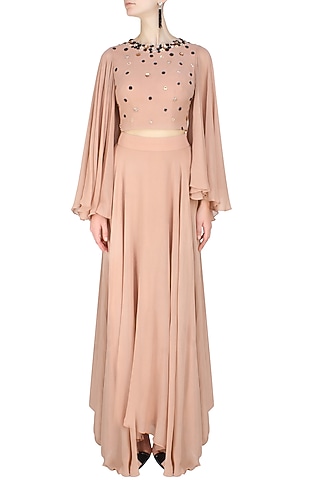 Peach Blush Winged Sleeves Blouse  and Lehenga Set by Ank By Amrit Kaur