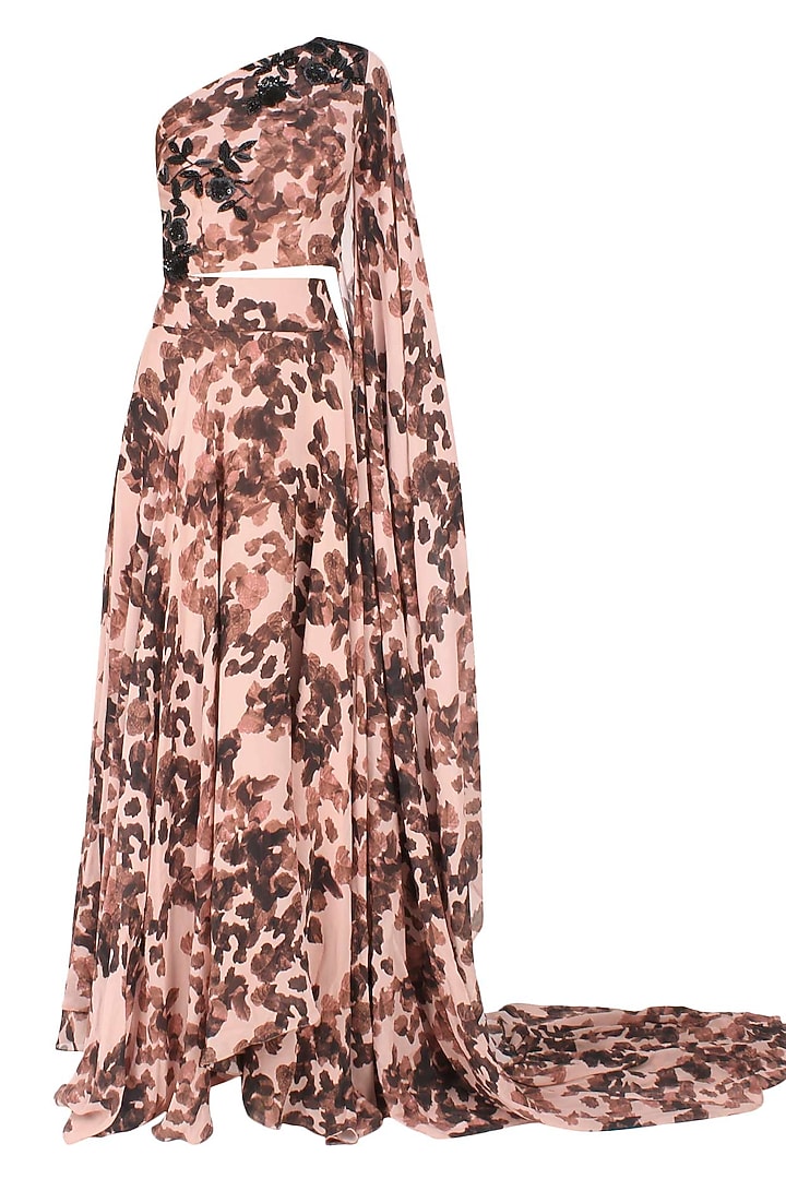 Ank by Amrit Kaur presents Peach one shoulder leave shadow top and skirt set available only at Pernia's Pop Up Shop.