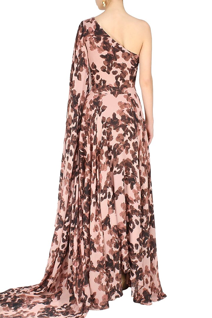 Ank by Amrit Kaur presents Peach one shoulder leave shadow top and skirt set available only at Pernia's Pop Up Shop.