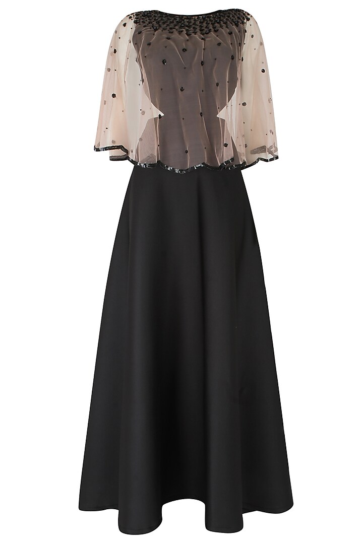 Ank by Amrit Kaur presents Blush sheer embroidered cape and black dress available only at Pernia's Pop Up Shop.