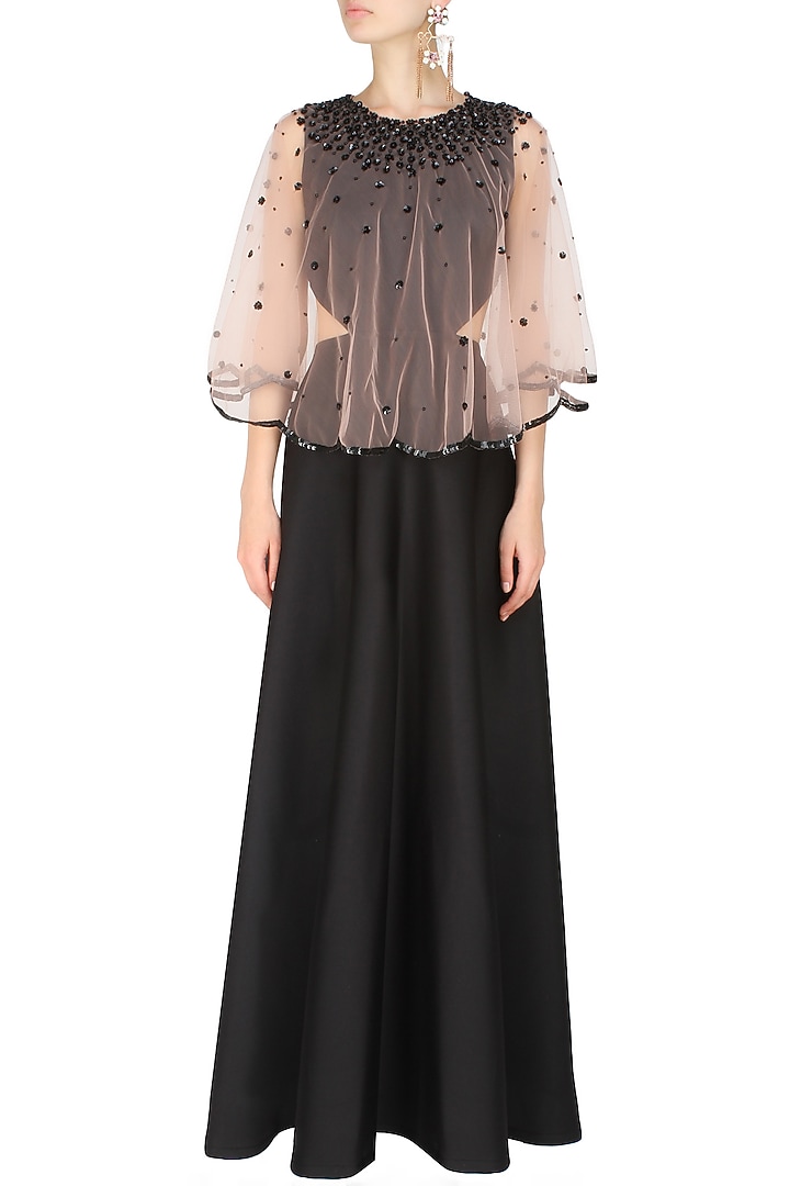 Ank by Amrit Kaur presents Blush sheer embroidered cape and black dress available only at Pernia's Pop Up Shop.