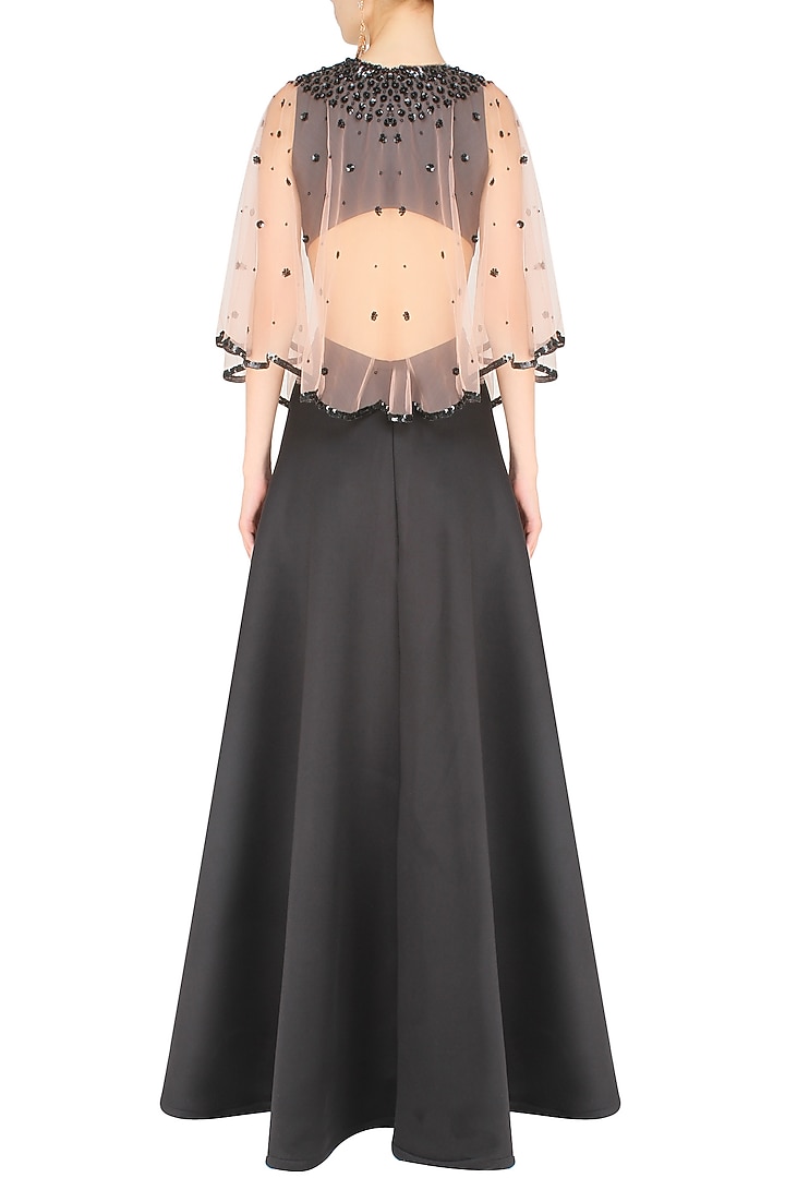 Ank by Amrit Kaur presents Blush sheer embroidered cape and black dress available only at Pernia's Pop Up Shop.