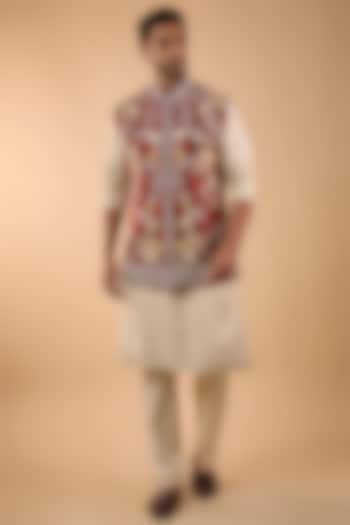 Maroon Raw Silk Nehru Jacket Set by Anushree Reddy Men at Pernia's Pop Up Shop