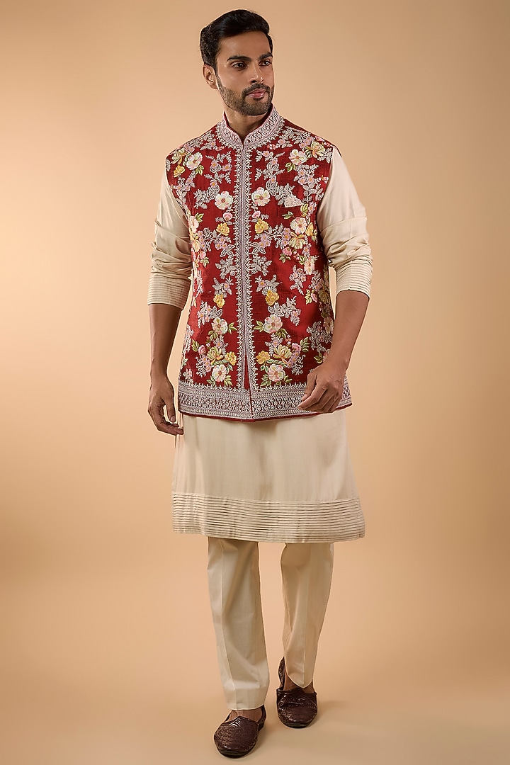 Maroon Raw Silk Nehru Jacket Set by Anushree Reddy Men at Pernia's Pop Up Shop