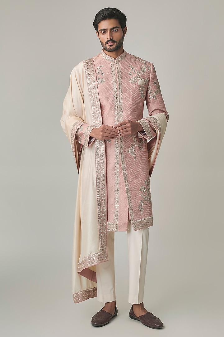 Dusty Rose Raw Silk Groom Sherwani Set by Anushree Reddy Men at Pernia's Pop Up Shop