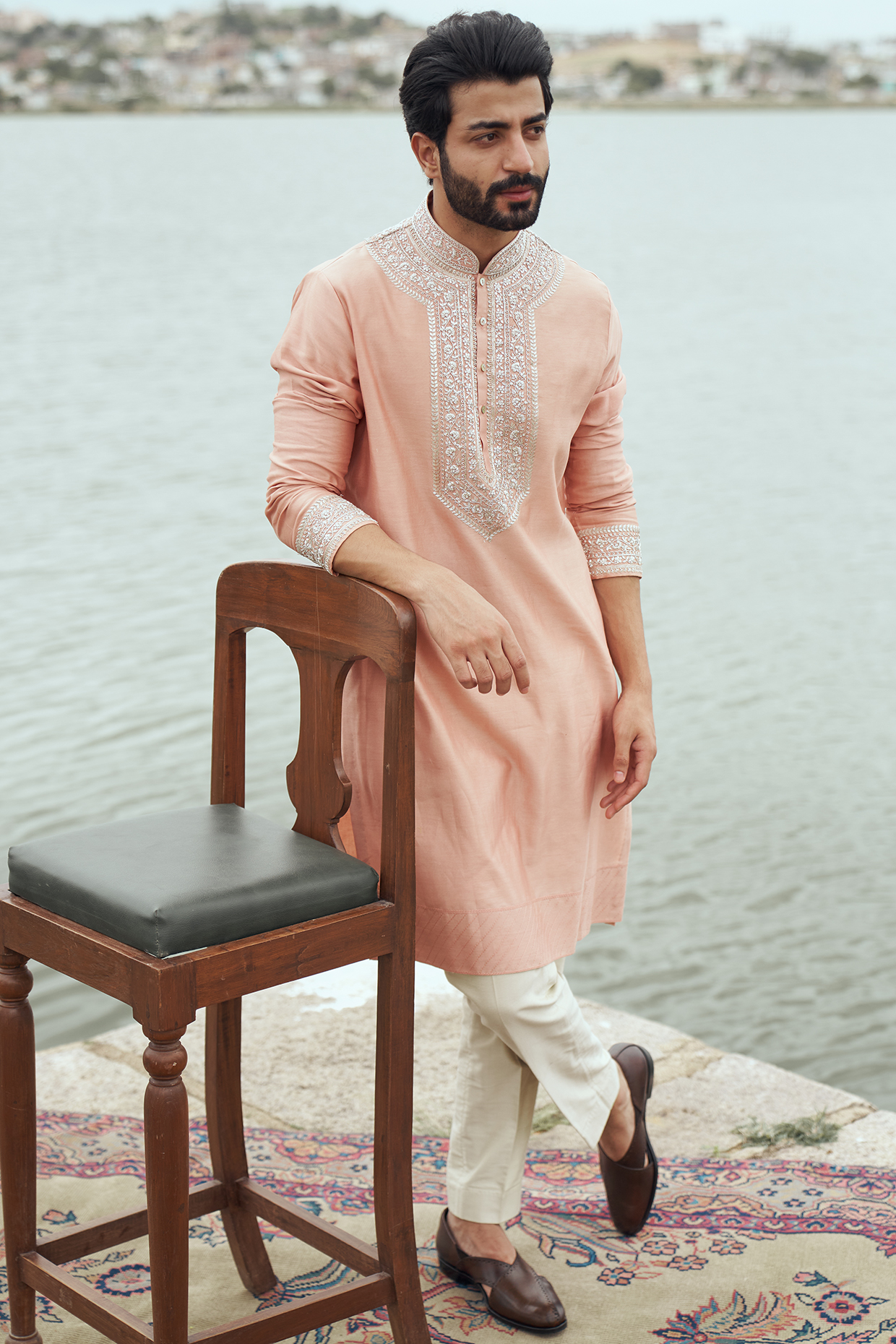 Peach Pink Silk Embroidered Kurta Set by Anushree Reddy Men