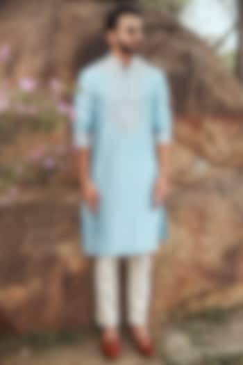Powder Blue Silk Embroidered Kurta Set by Anushree Reddy Men