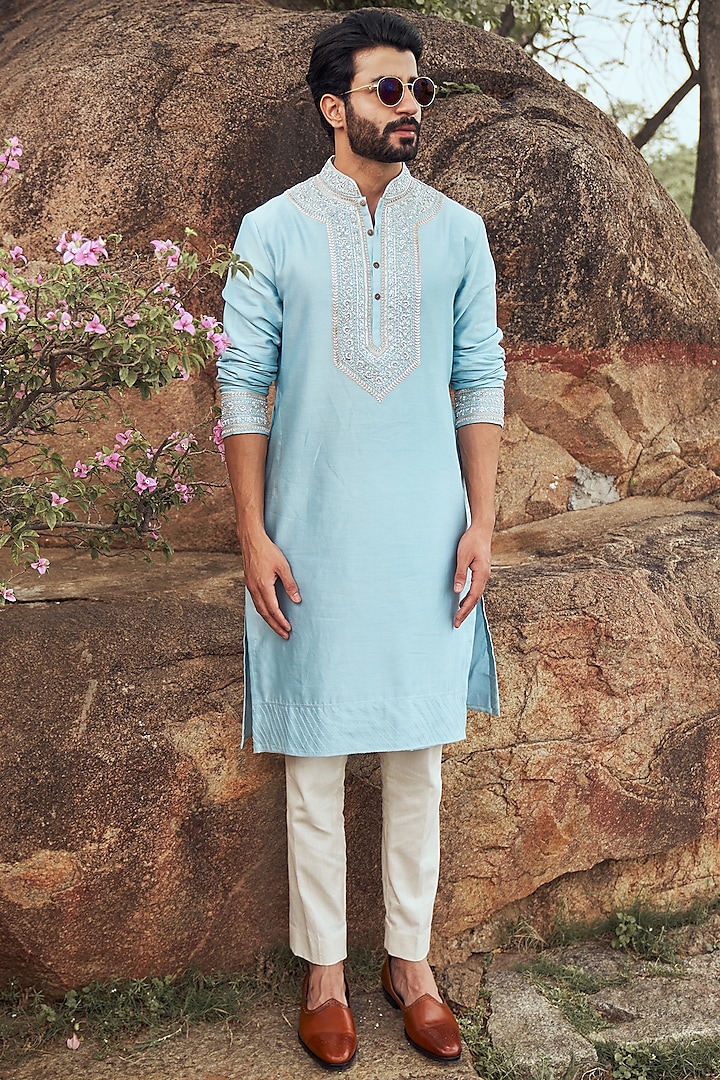 Powder Blue Silk Embroidered Kurta Set by Anushree Reddy Men at Pernia's Pop Up Shop