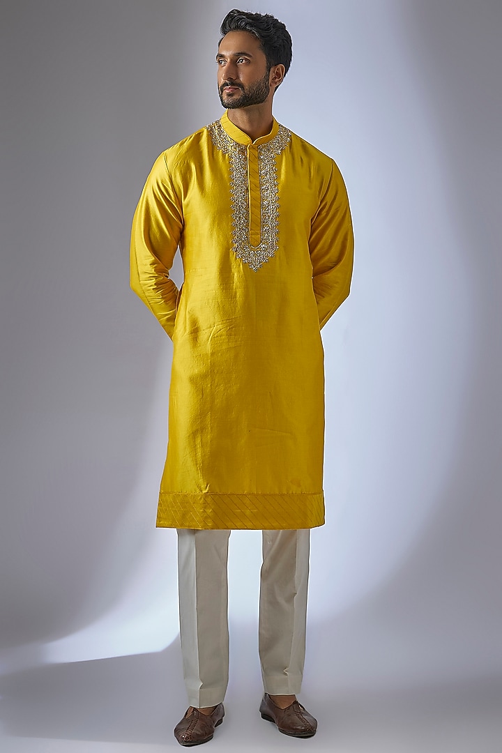 Mustard Silk Embroidered Kurta Set by Anushree Reddy Men at Pernia's Pop Up Shop