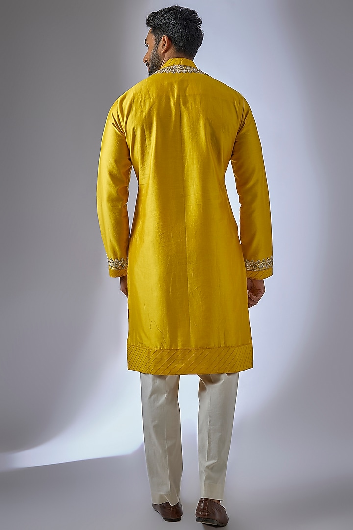 Mustard Silk Embroidered Kurta Set by Anushree Reddy Men at Pernia's Pop Up Shop