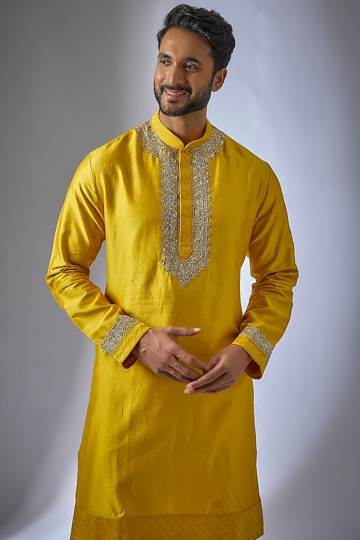 Mustard Silk Embroidered Kurta Set by Anushree Reddy Men at Pernia's Pop Up Shop