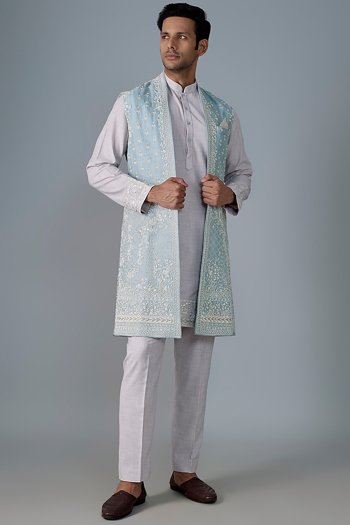 Powder Blue Raw Silk Floral Boota Work Indowestern Set by Anushree Reddy Men