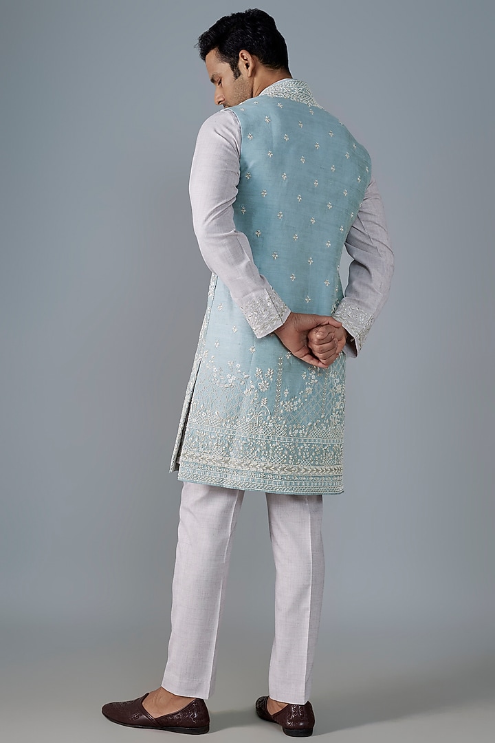 Powder Blue Raw Silk Floral Boota Work Groom Indowestern Set by Anushree Reddy Men at Pernia's Pop Up Shop