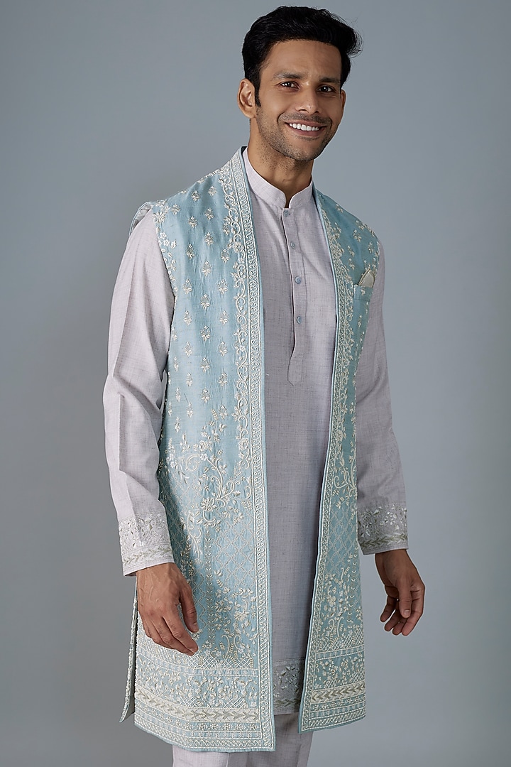 Powder Blue Raw Silk Floral Boota Work Groom Indowestern Set by Anushree Reddy Men at Pernia's Pop Up Shop