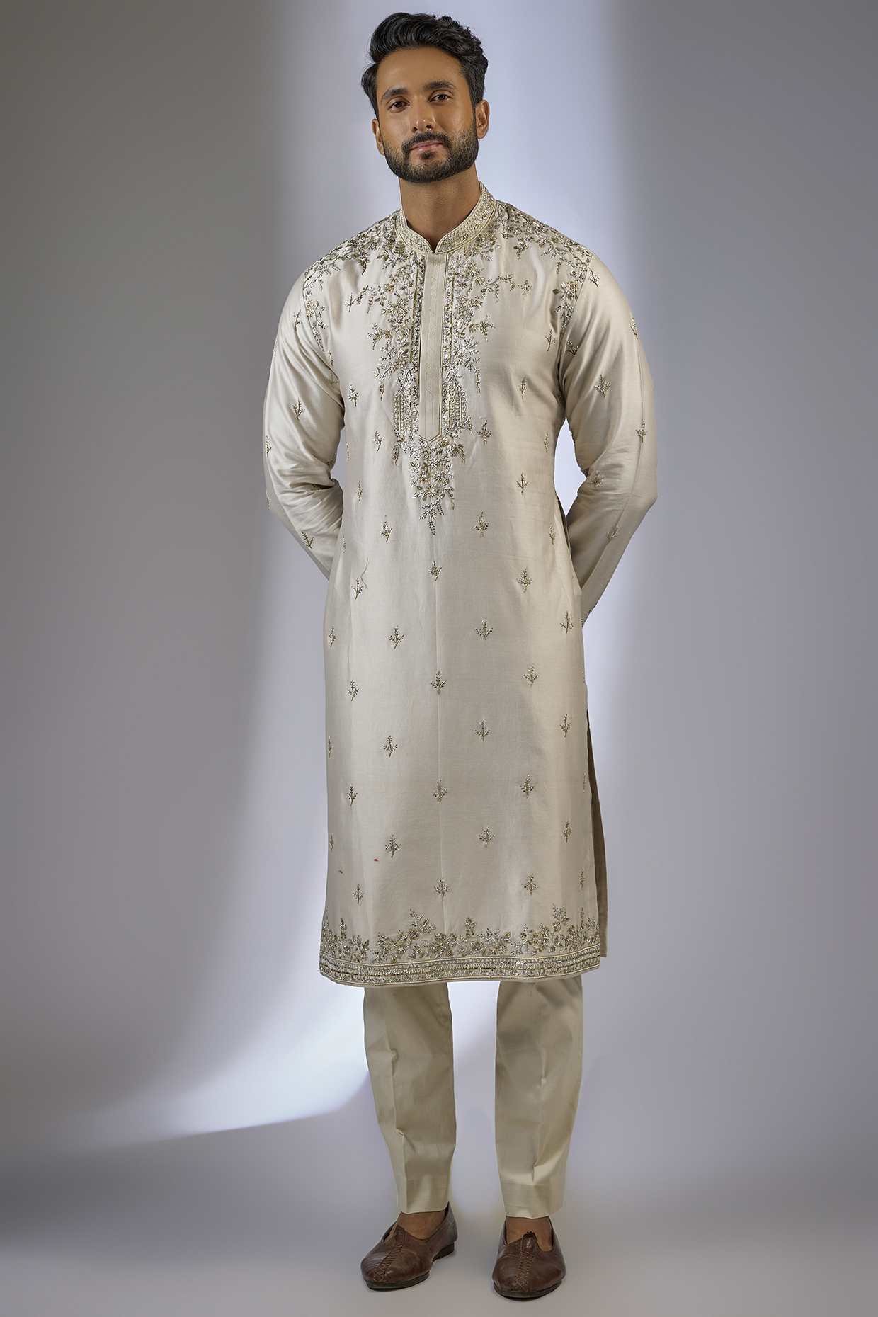 Dull Ivory Chanderi Pearl Embroidered Kurta Set by Anushree Reddy Men at Pernia's Pop Up Shop